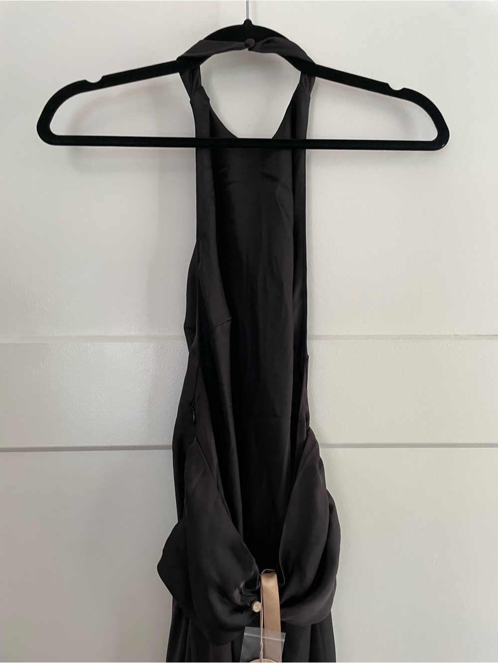 NWT Meshki Rinna Satin Halter Maxi Dress in Black w/ Feather Boa - Picture 5 of 12